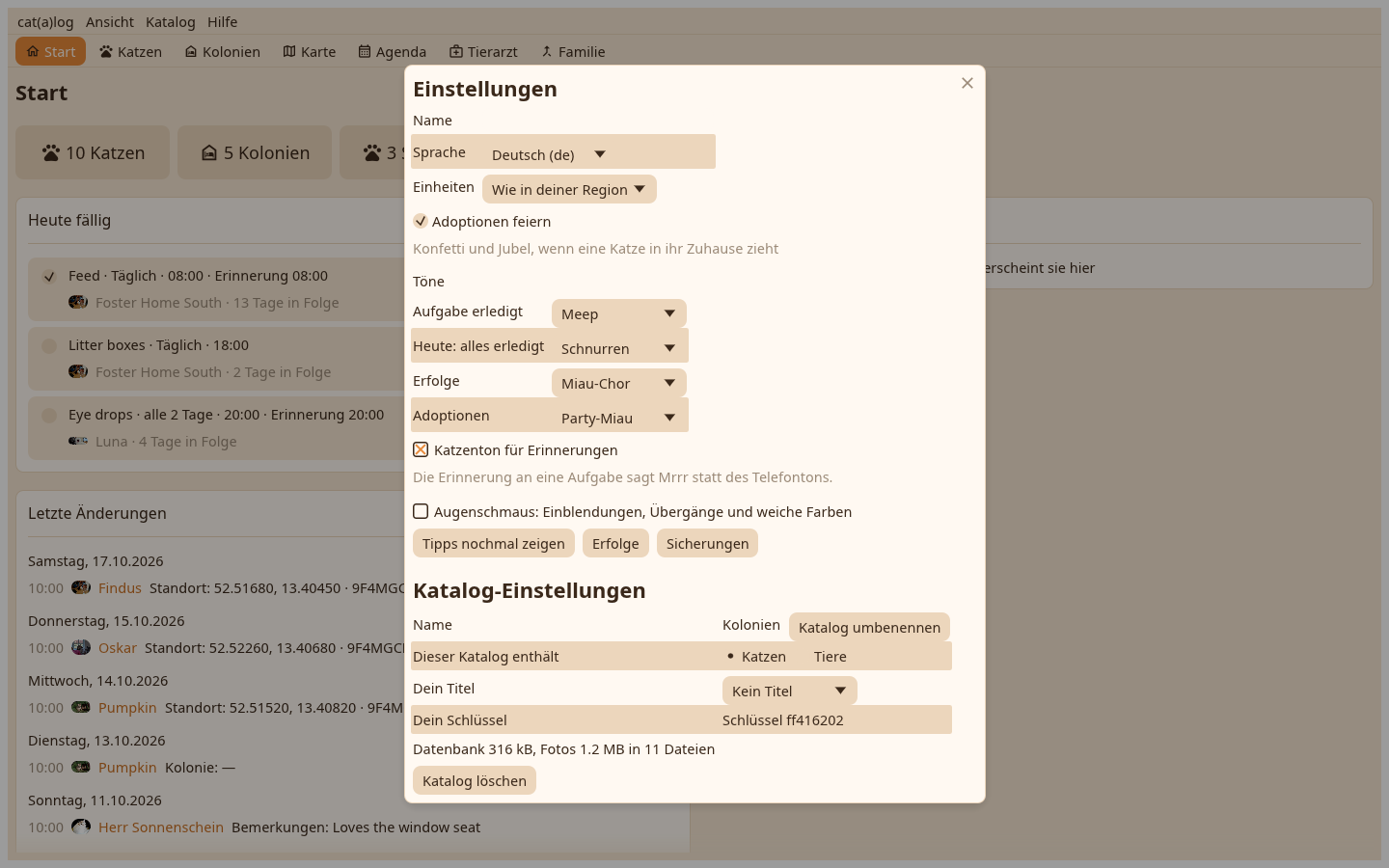Einstellungen, Kataloge, Erfolge