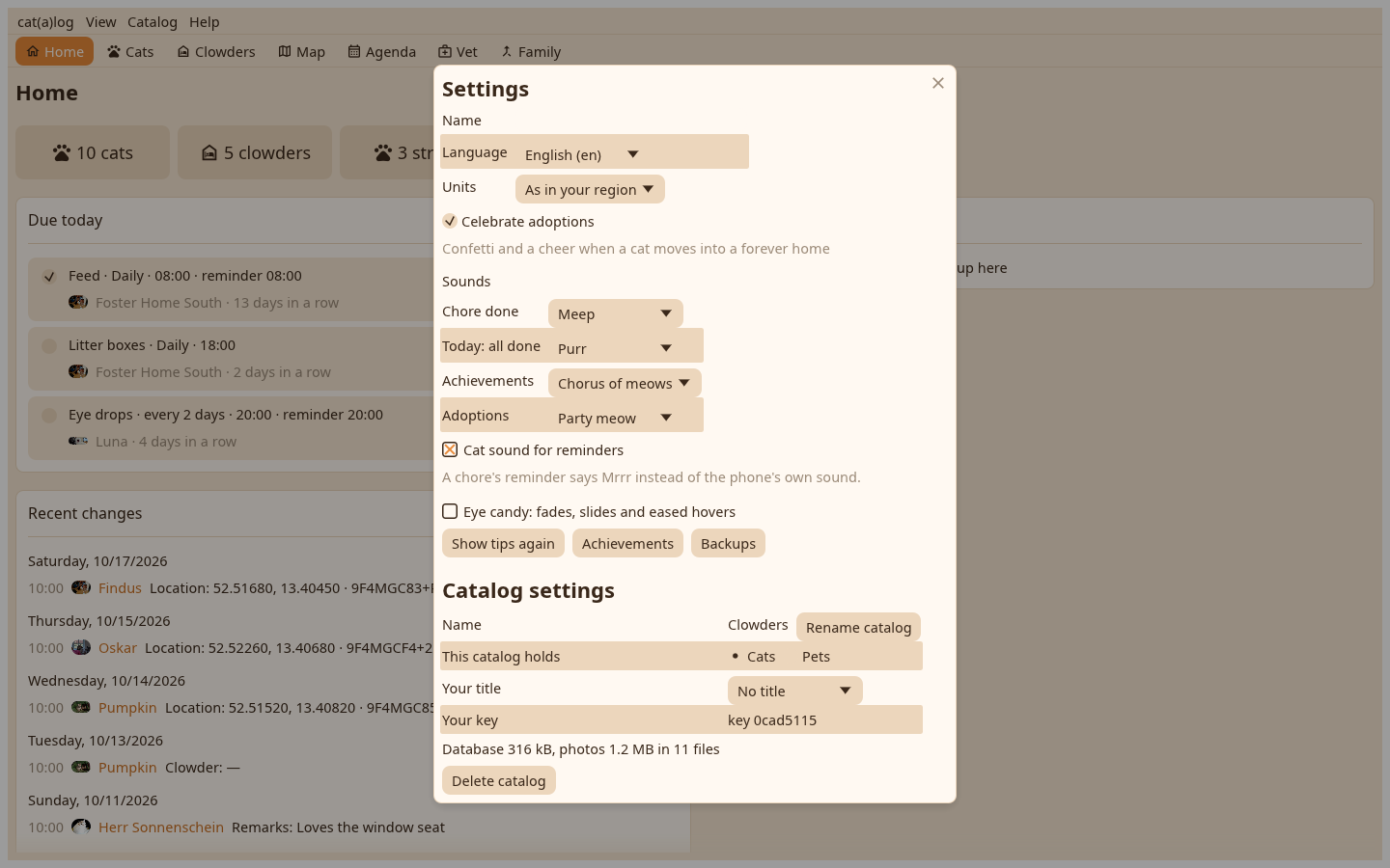 Settings, catalogs, achievements