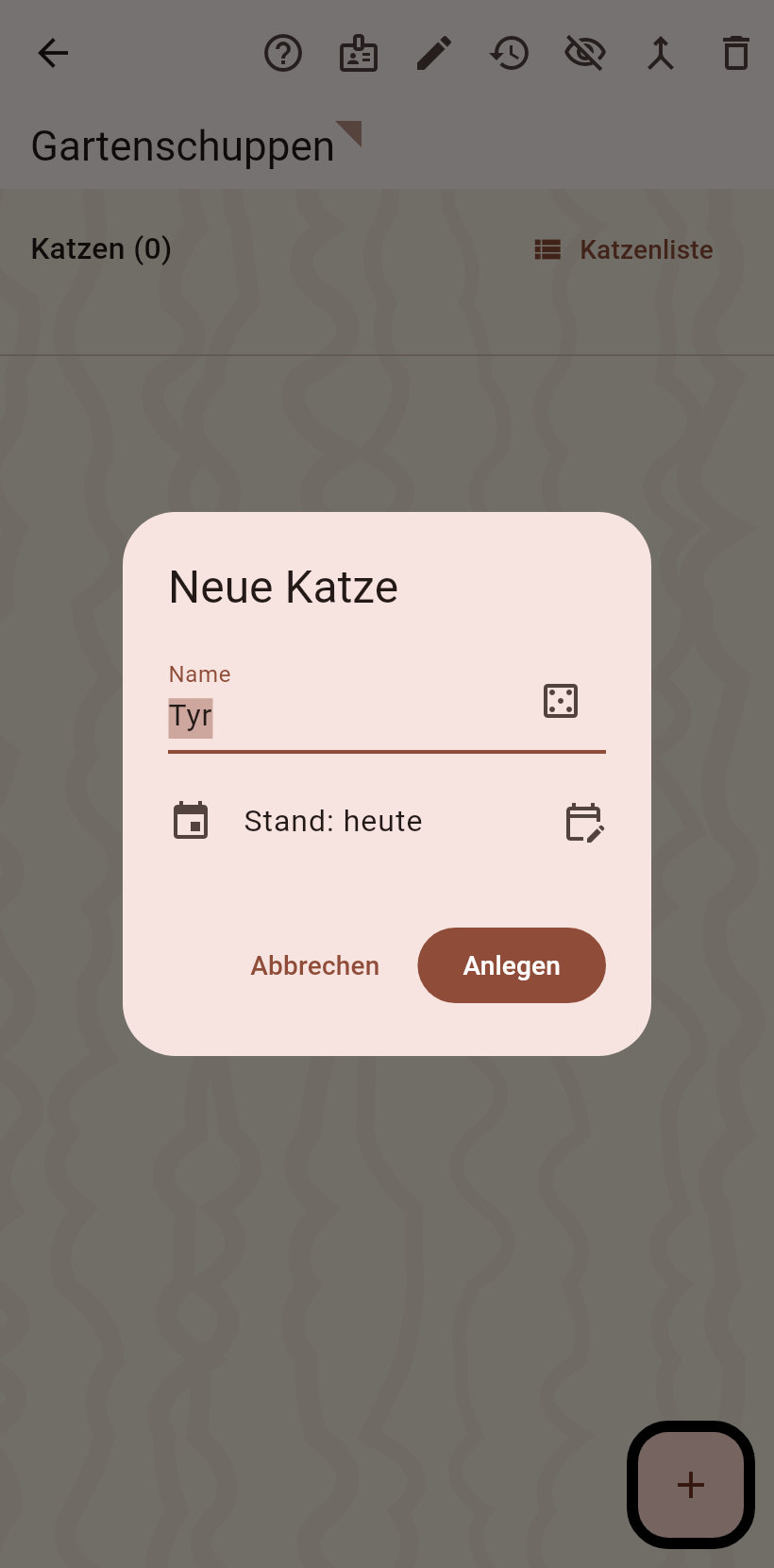Der Dialog für die neue Katze mit vorgeschlagenem Namen