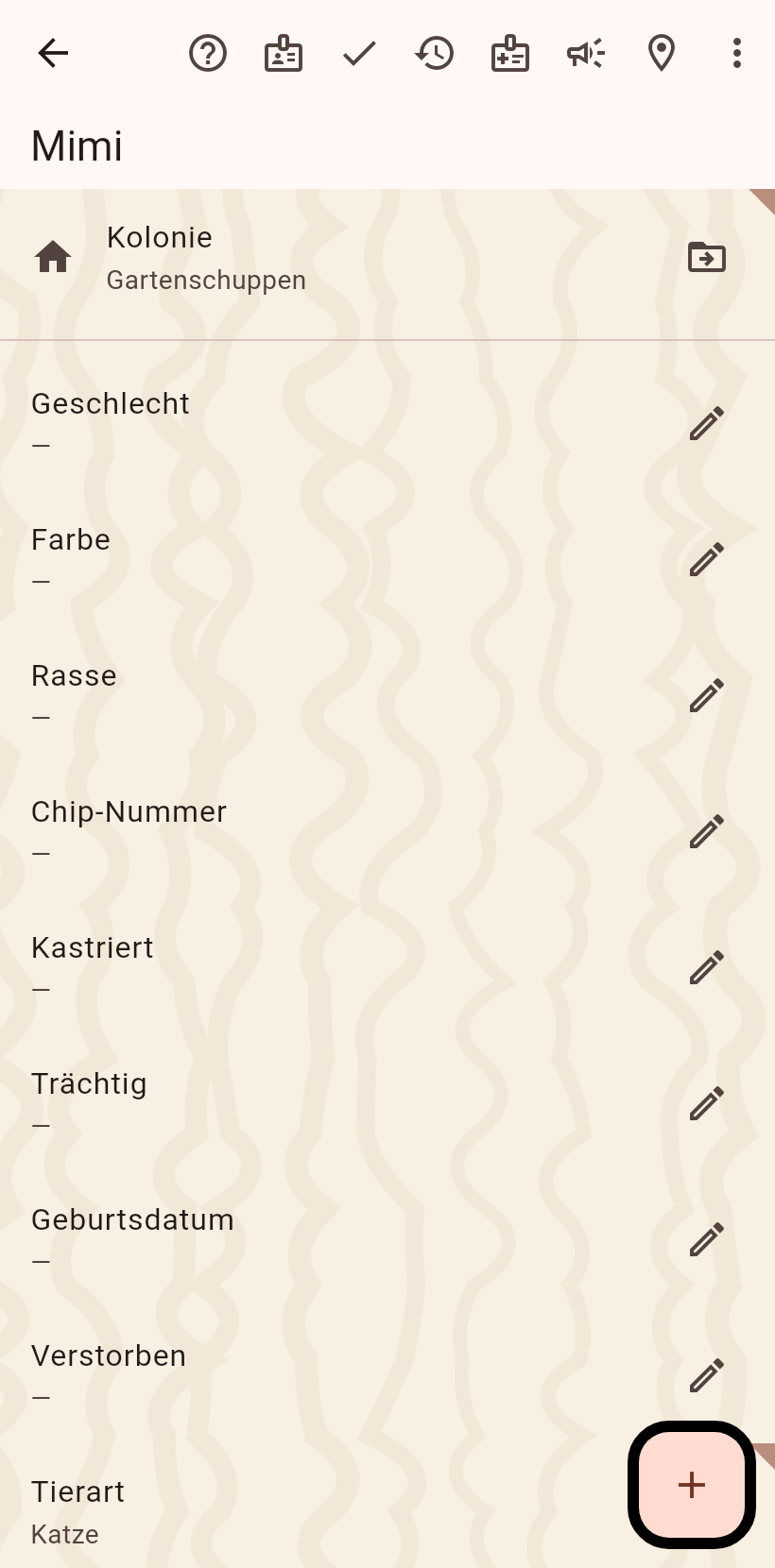 Die Seite der neuen Katze im Bearbeitungsmodus