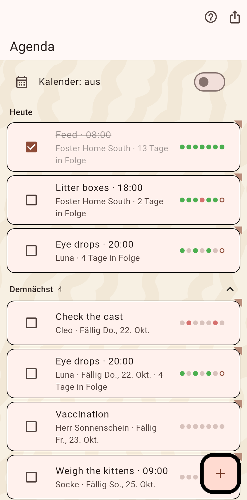 Die Agenda mit den Aufgaben von heute und den Terminen danach