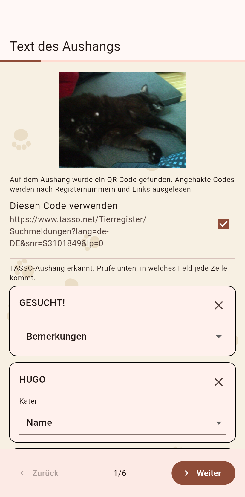 Der Textschritt mit einer Karte pro Zeile