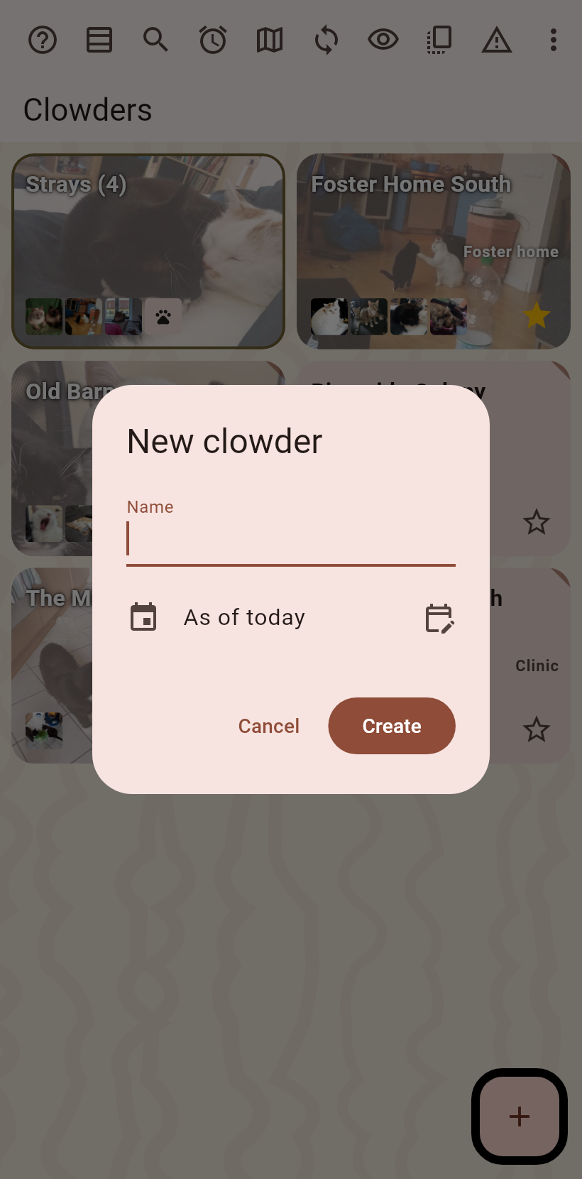 The new clowder dialog with its name field
