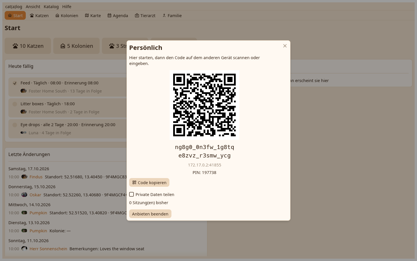 Das Gastgeberfenster mit dem Paarcode