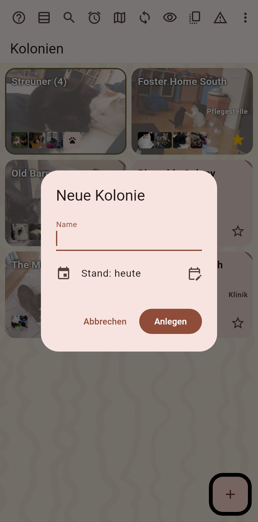 Der Dialog für die neue Kolonie mit dem Namensfeld