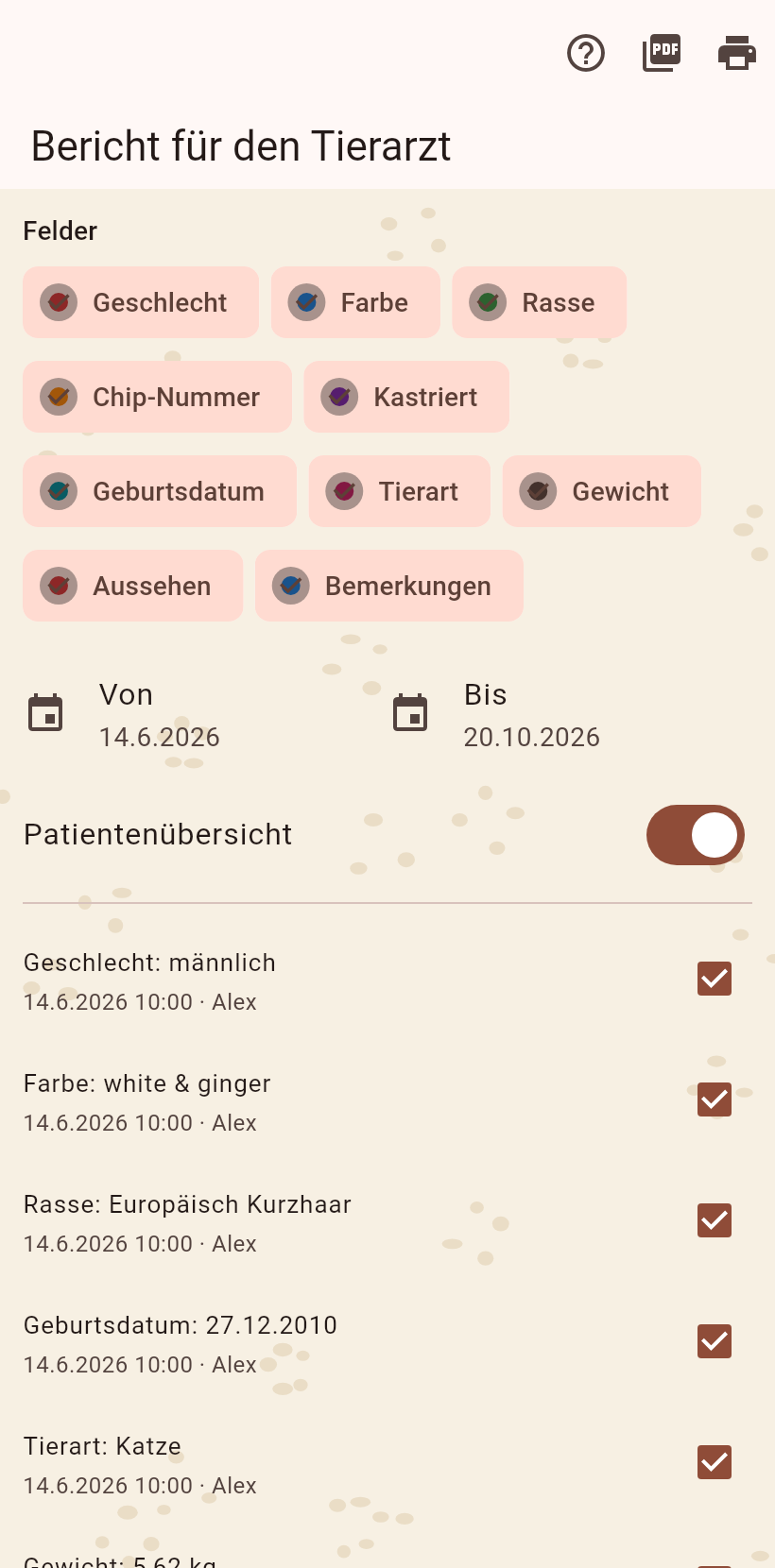 Die Seite des Tierarztberichts