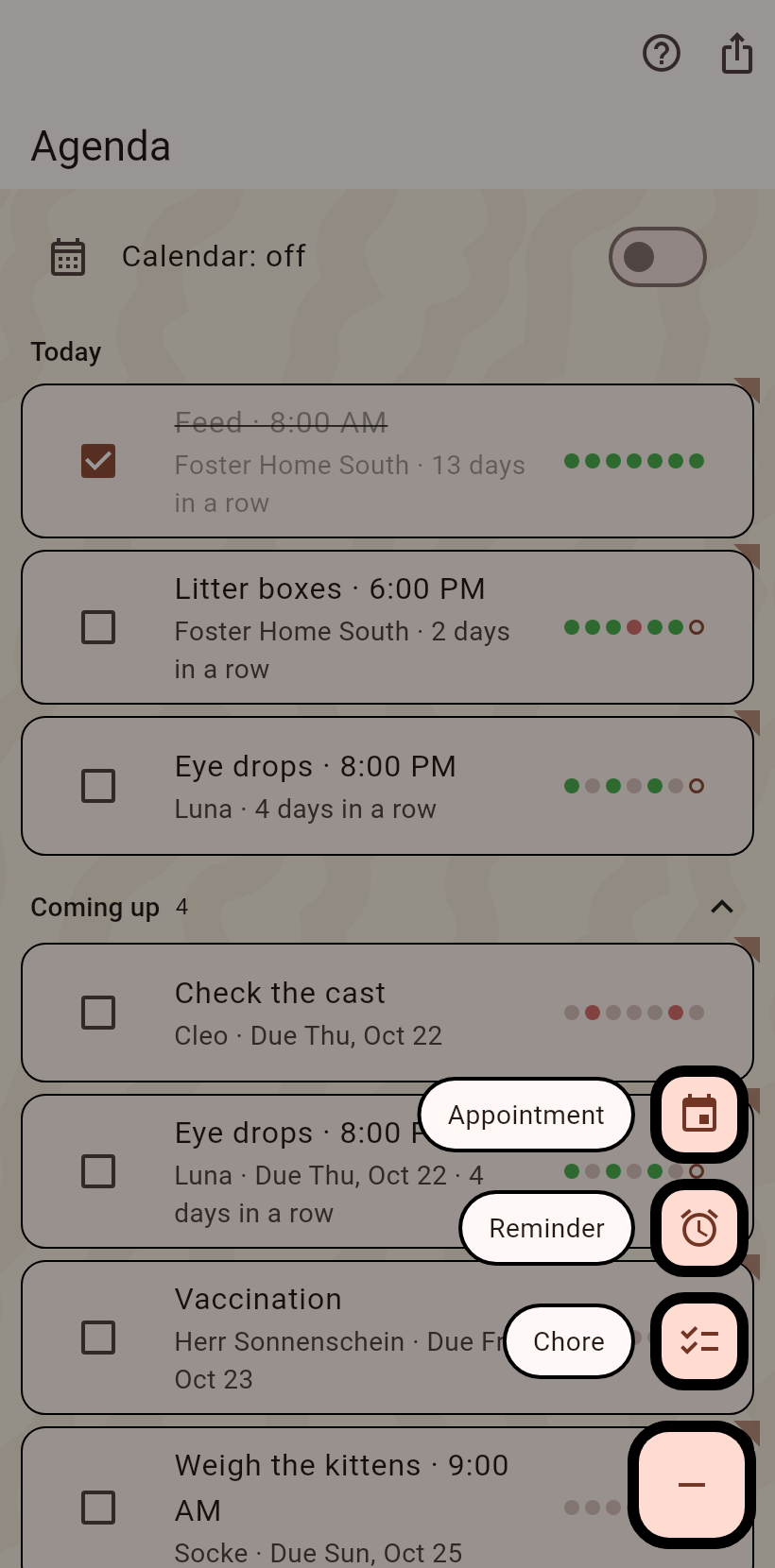 The plus fanned out with appointment, reminder and chore