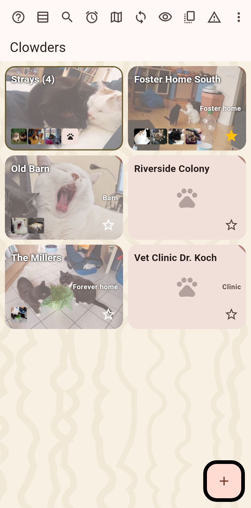 The home screen with the clowders as cards and the plus at the bottom right