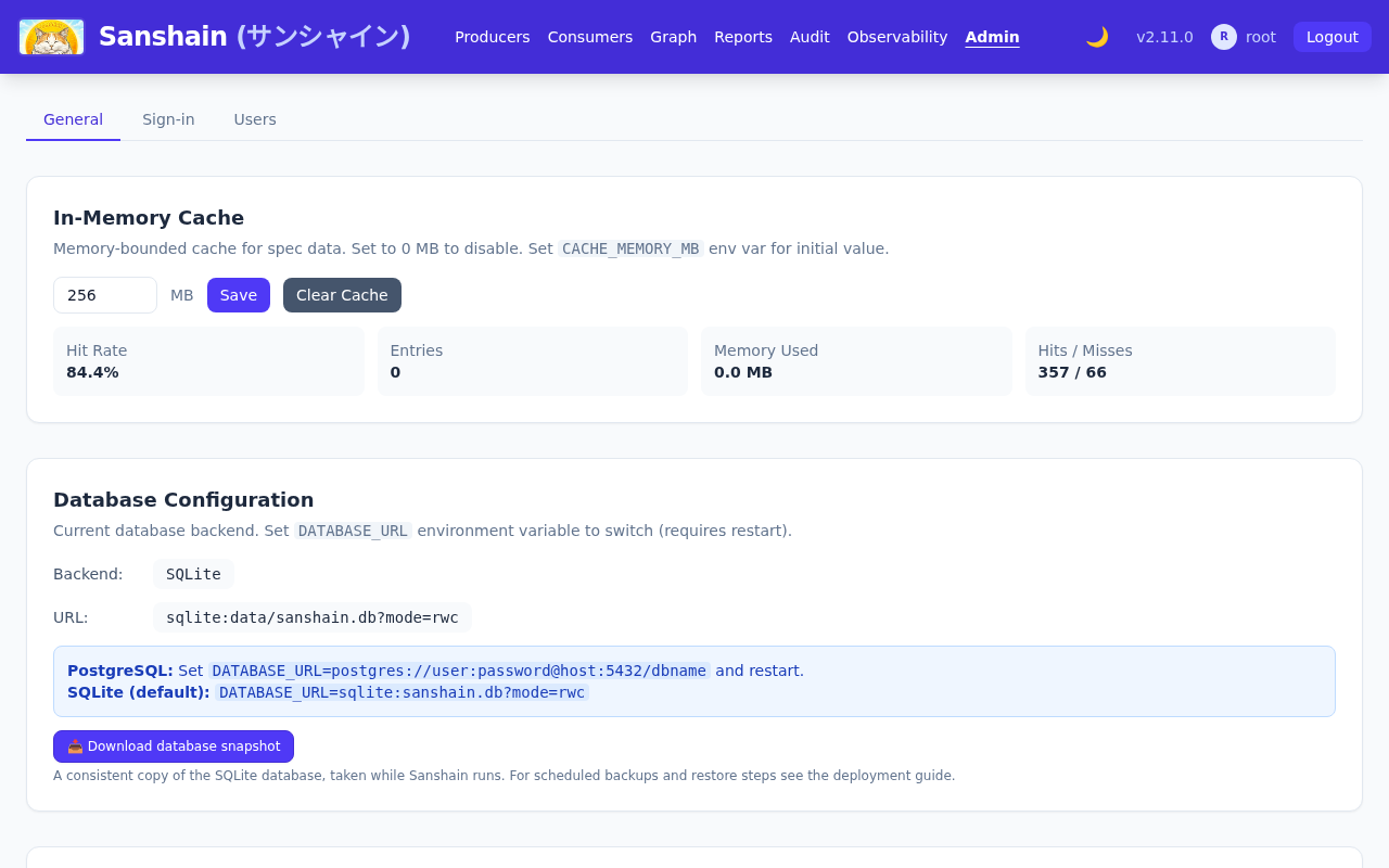 The top of the admin page: In-Memory Cache with its statistics, Database Configuration with the SQLite backend and the Download database snapshot button, and the start of Sanshain-Branches