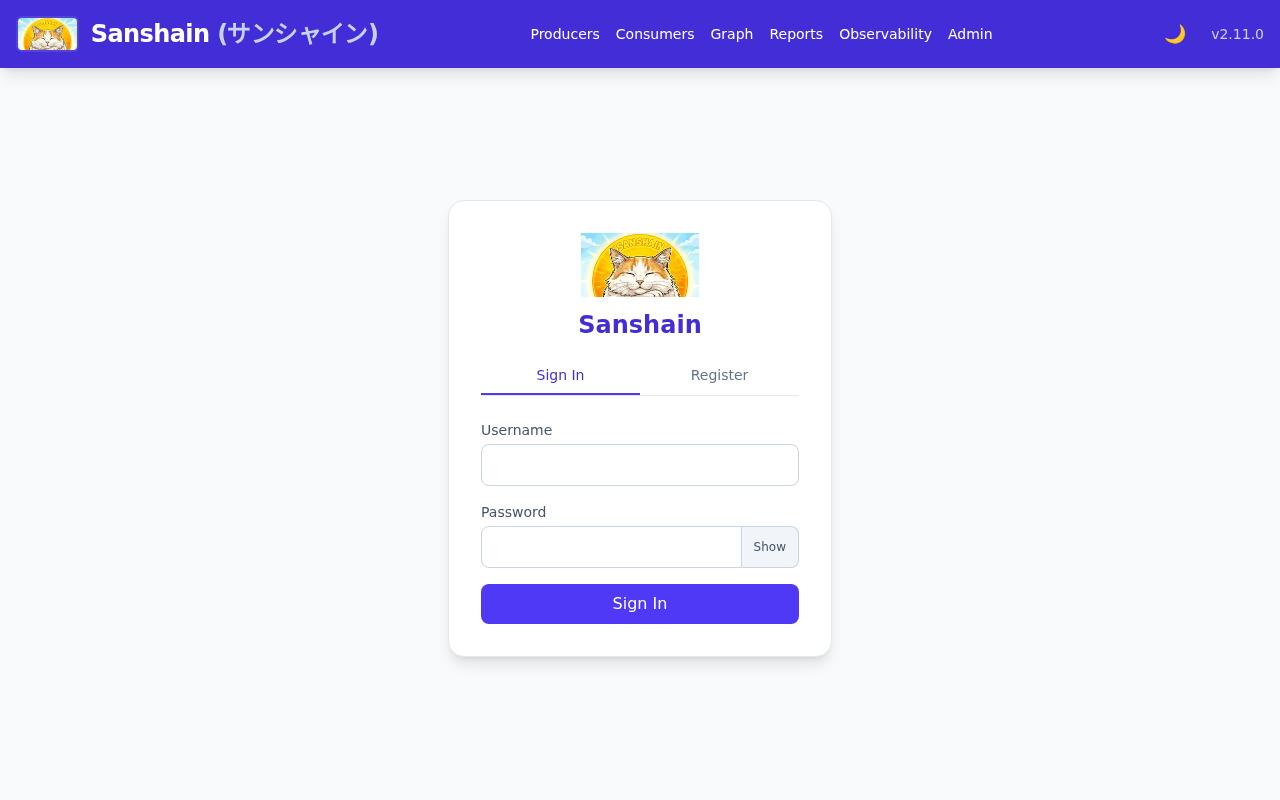 The sign-in card with the Sign In and Register tabs, username and password fields and a Sign In button