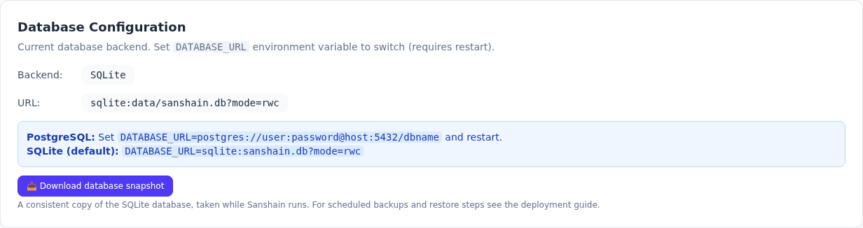 The Database Configuration section of the admin page with the SQLite backend, the database URL and the Download database snapshot button