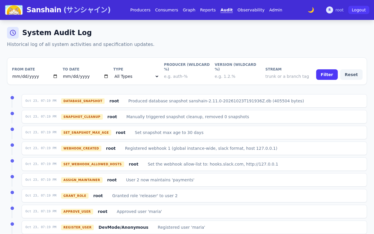 The audit timeline: database snapshot, snapshot cleanup, retention, webhook created, allow-list, maintainer, role, approval and registration entries