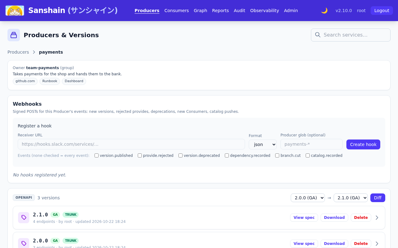 The payments Producer page: the catalog context card, the Webhooks card and the OpenAPI version line with GA and trunk badges