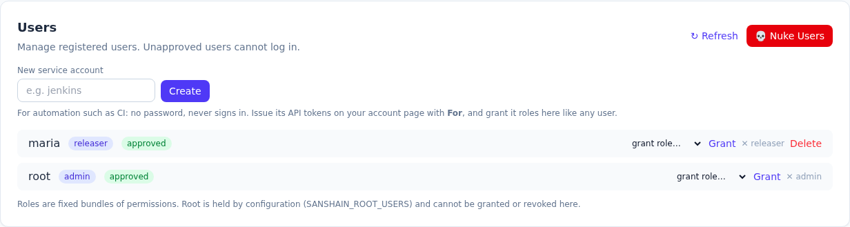 The Users section of the admin page: maria with the releaser badge and approved, root with the admin badge