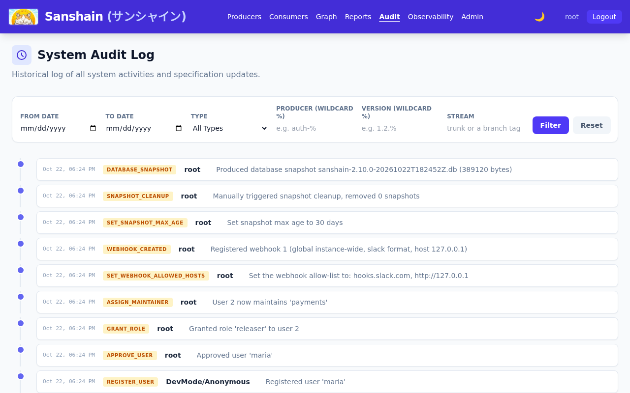 The audit timeline: database snapshot, snapshot cleanup, retention, webhook created, allow-list, maintainer, role, approval and registration entries