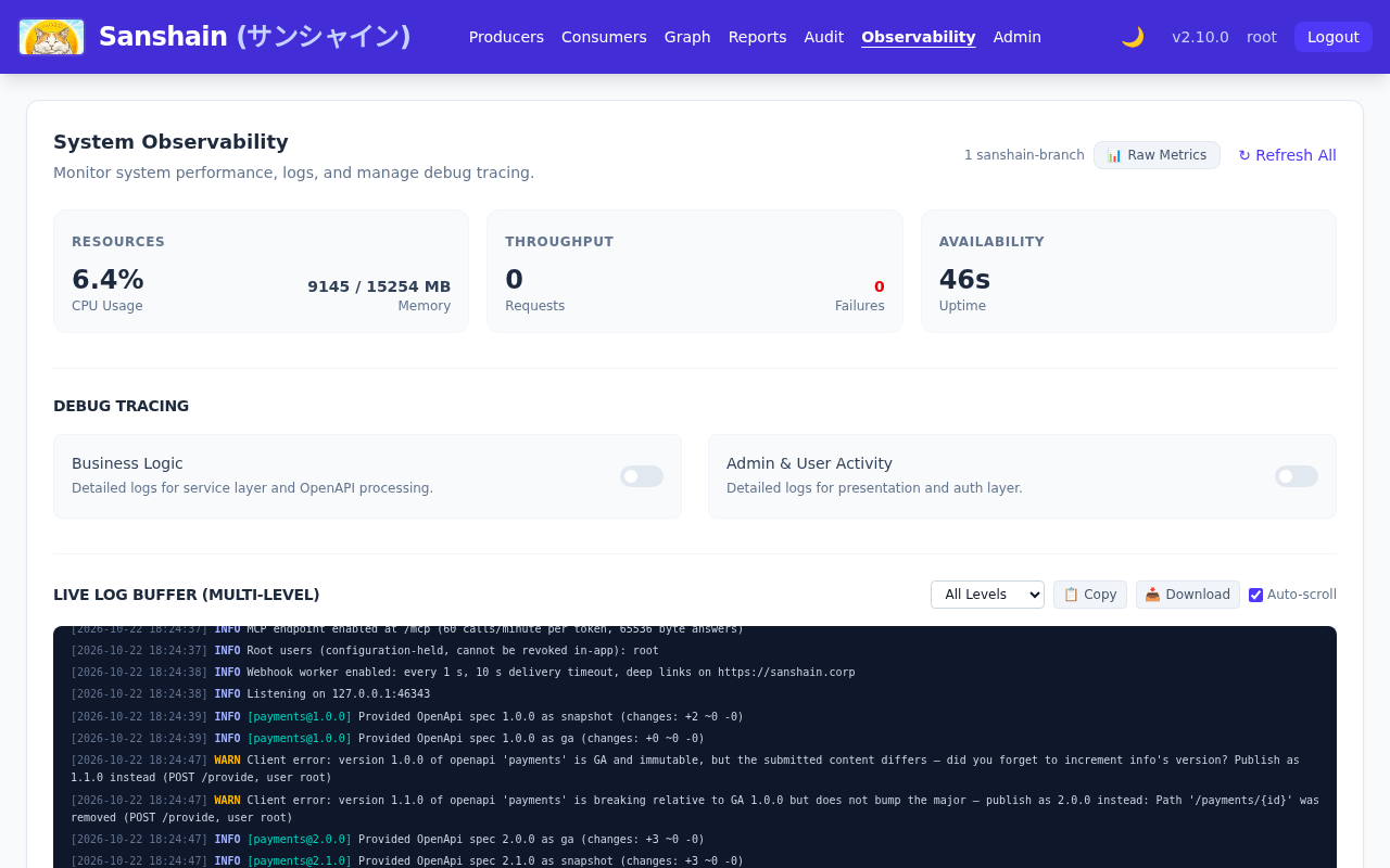 The System Observability page: CPU and memory, requests and failures, uptime, the debug tracing switches and the live log buffer