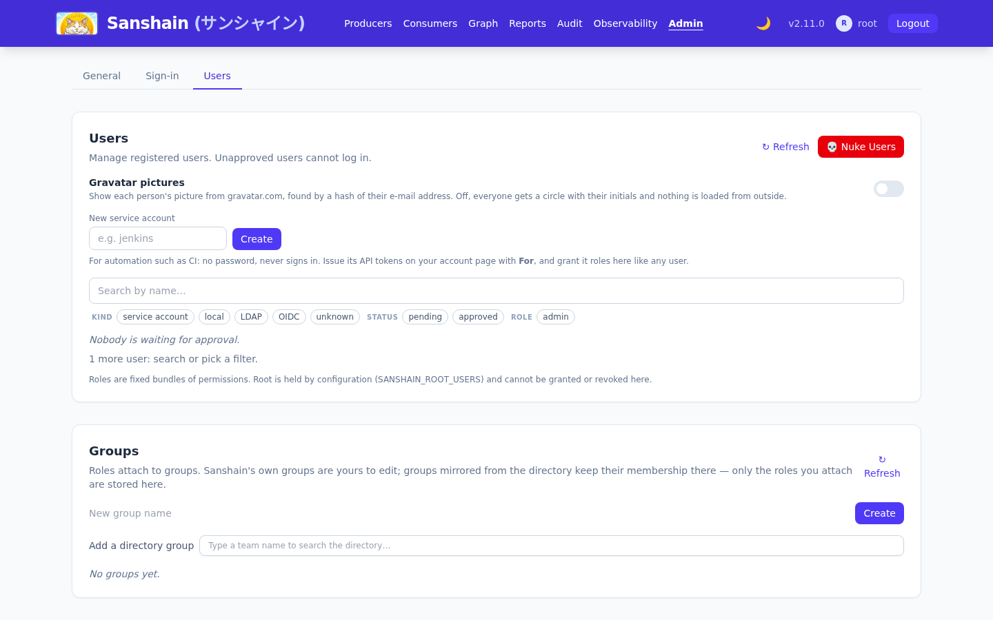 The Authentication section with Local users selected, Dev greyed out with its hint, the Registration and Auto-acknowledge switches, the Users section with the new service account field and the root account carrying the admin and approved badges, and an empty Groups section