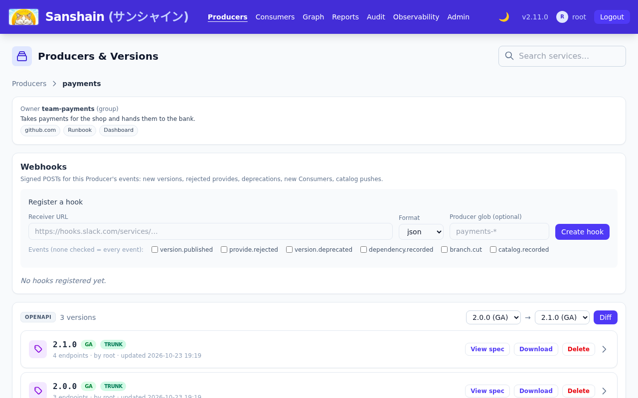 The payments Producer page: the catalog context card, the Webhooks card and the OpenAPI version line with GA and trunk badges