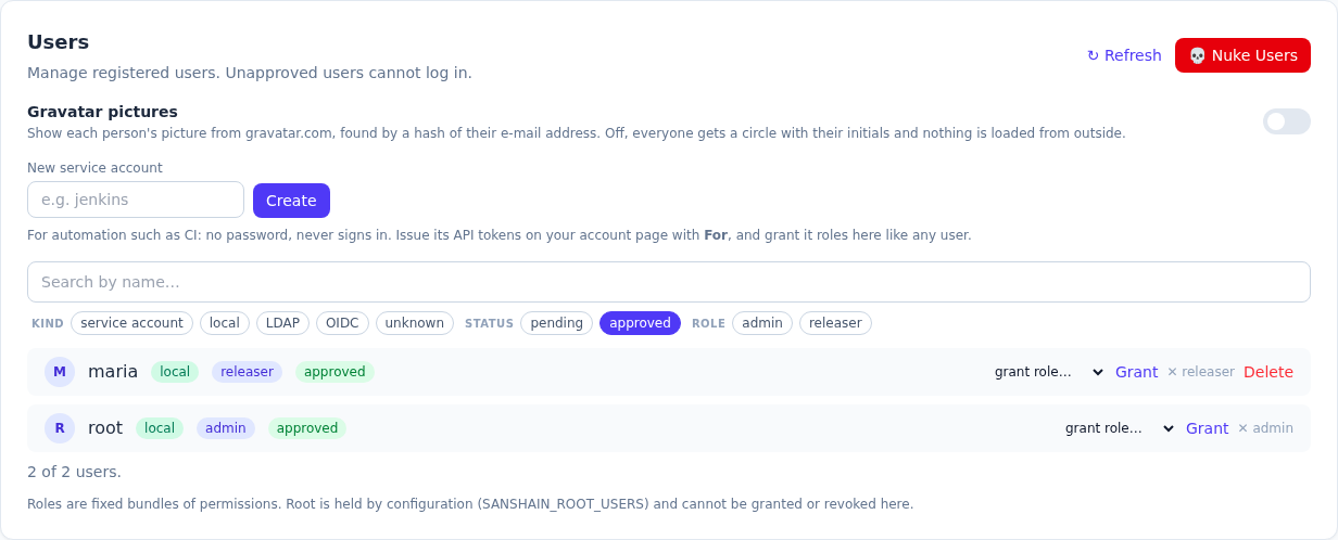 The Users tab of the admin page, filtered to approved accounts: maria with the releaser badge, root with the admin badge