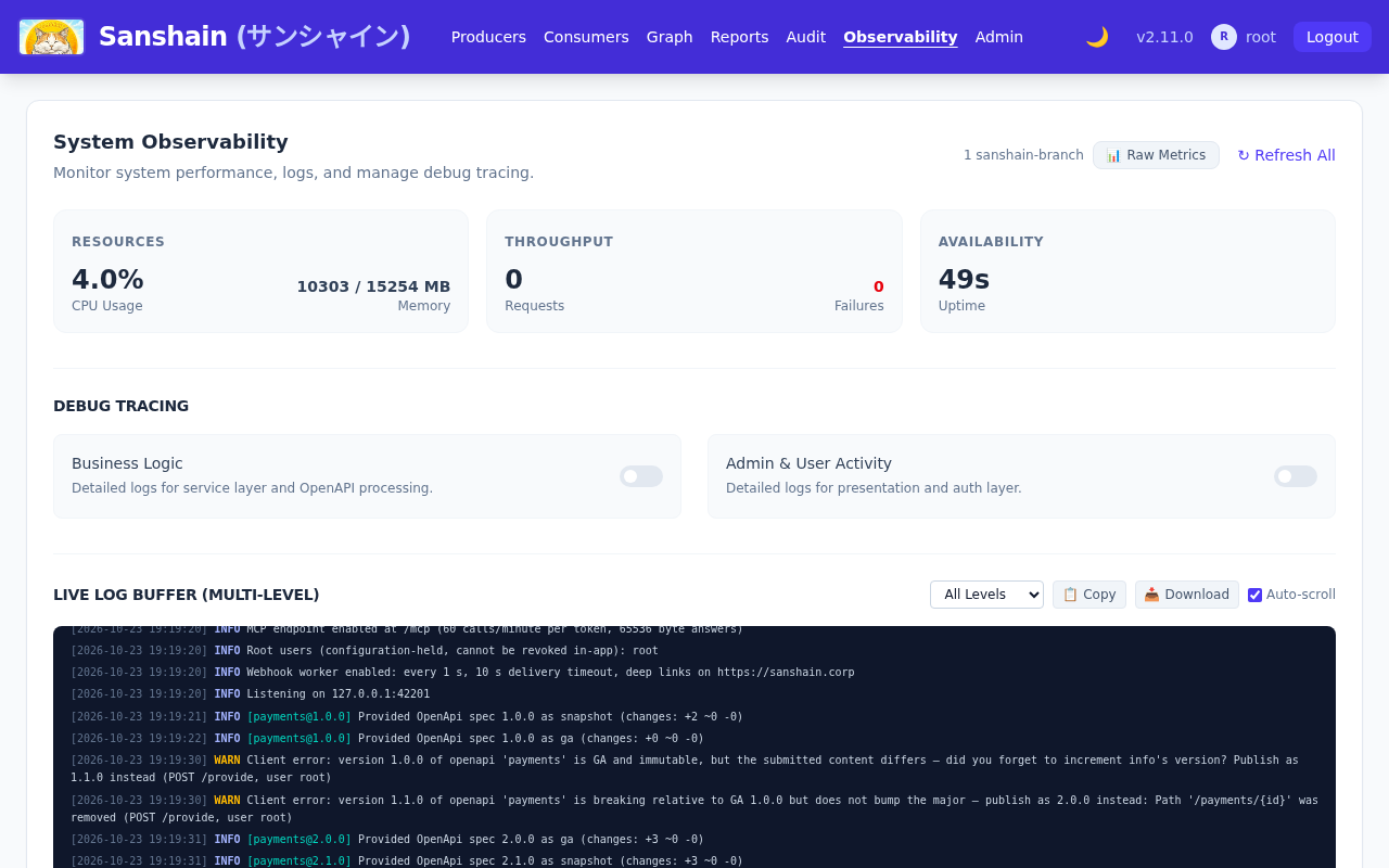 The System Observability page: CPU and memory, requests and failures, uptime, the debug tracing switches and the live log buffer