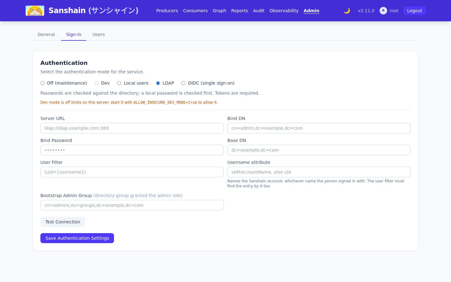 The Authentication section with LDAP selected: Server URL, Bind DN, Bind Password, Base DN, User Filter and Bootstrap Admin Group fields, a Test Connection button and Save Authentication Settings