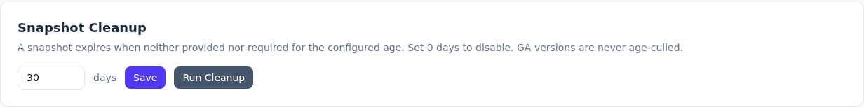 The Snapshot Cleanup section of the admin page with the max age field set to 30 days and the Run cleanup button