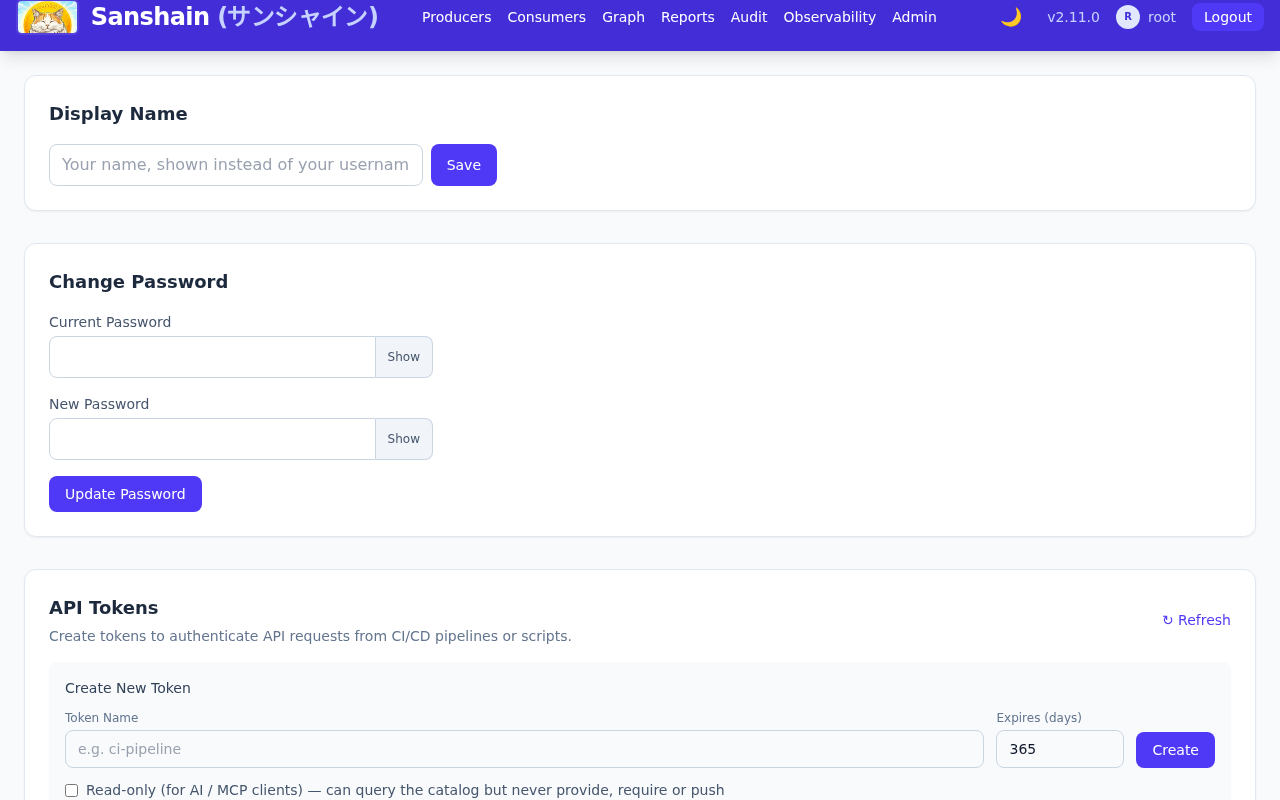 The account page: the password form, the API token form with the Read-only box, and the token list with a read-only claude-code token and a full payments-ci token