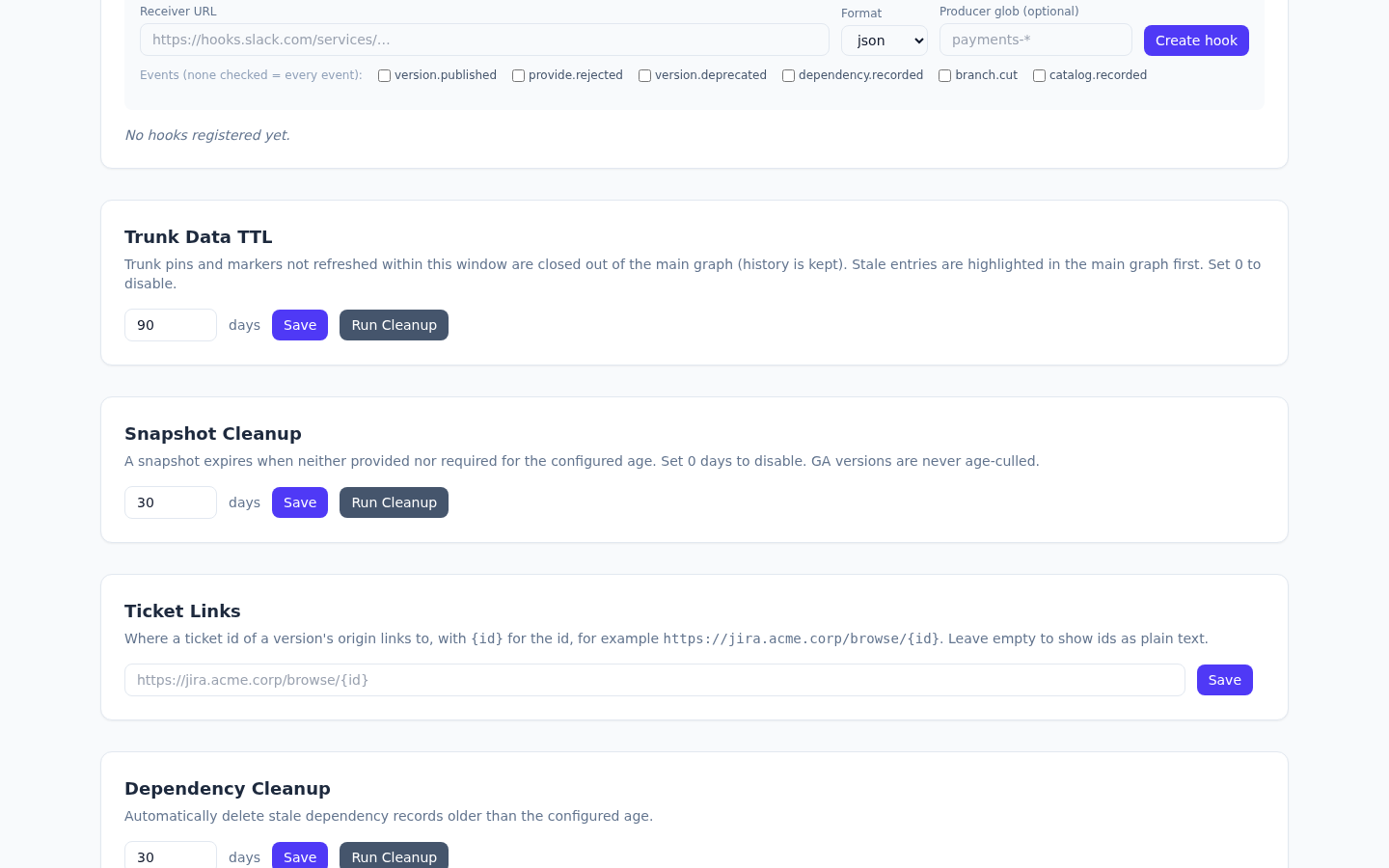 The Sanshain-Branches, Trunk Data TTL, Snapshot Cleanup, Dependency Cleanup and Auto Acknowledge New Users sections, each age with a days field, Save and Run Cleanup