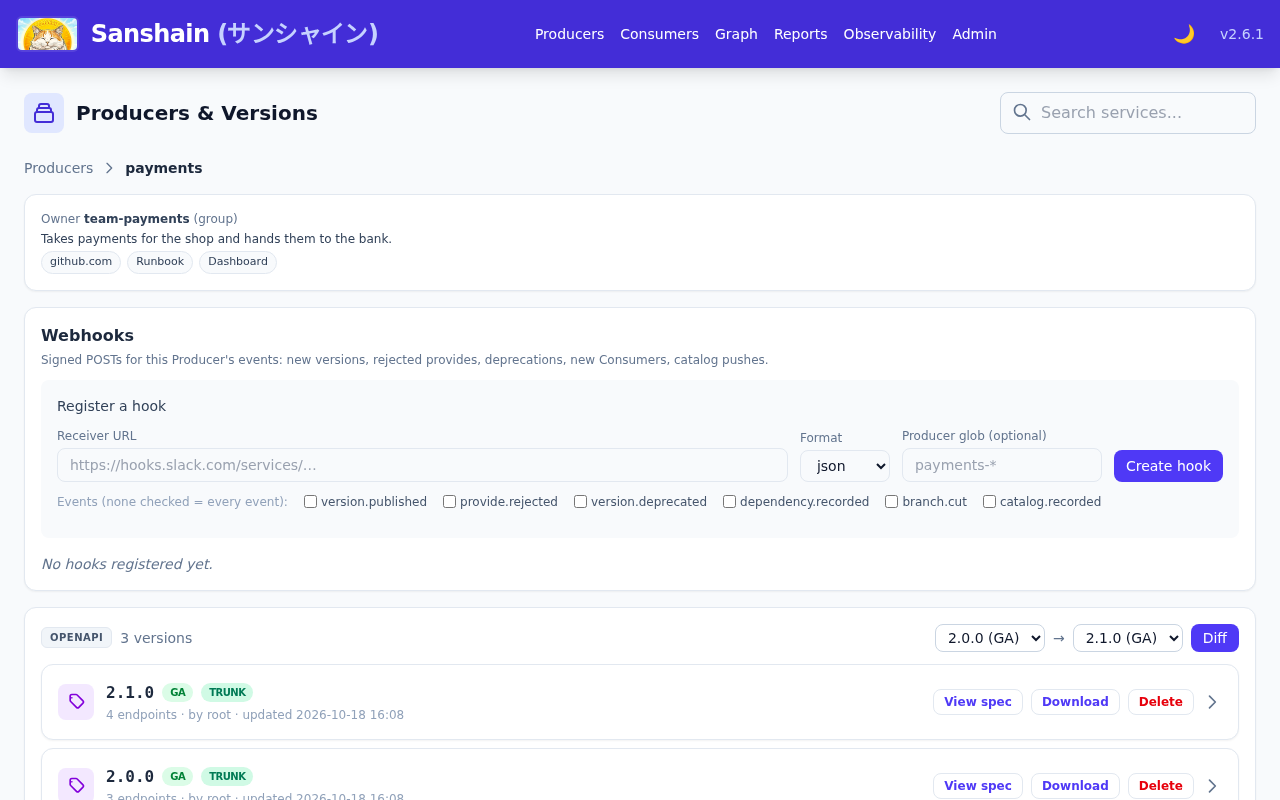 The payments Producer page: the catalog context card, the Webhooks card and the OpenAPI version line with GA and trunk badges