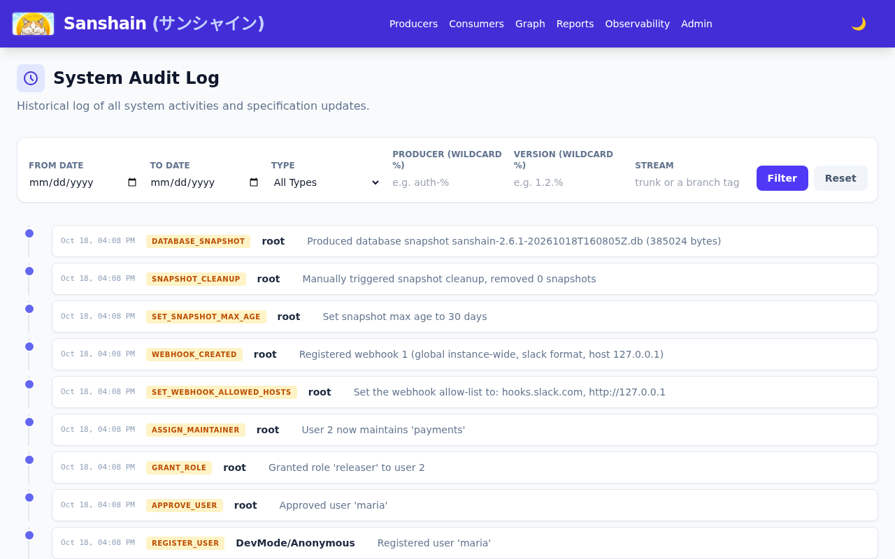 The audit timeline: database snapshot, snapshot cleanup, retention, webhook created, allow-list, maintainer, role, approval and registration entries