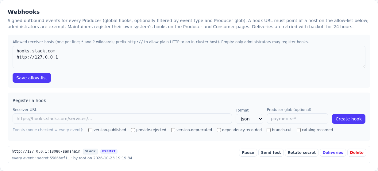 The Webhooks section of the admin page: the allow-list, the registration form, and one global hook in Slack format marked exempt with Pause, Send test, Rotate secret, Deliveries and Delete