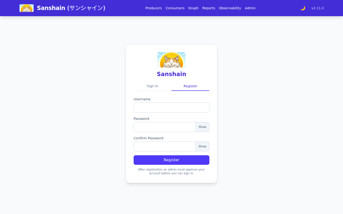 The Register tab: username, password, confirm password, and the note that an admin must approve the account