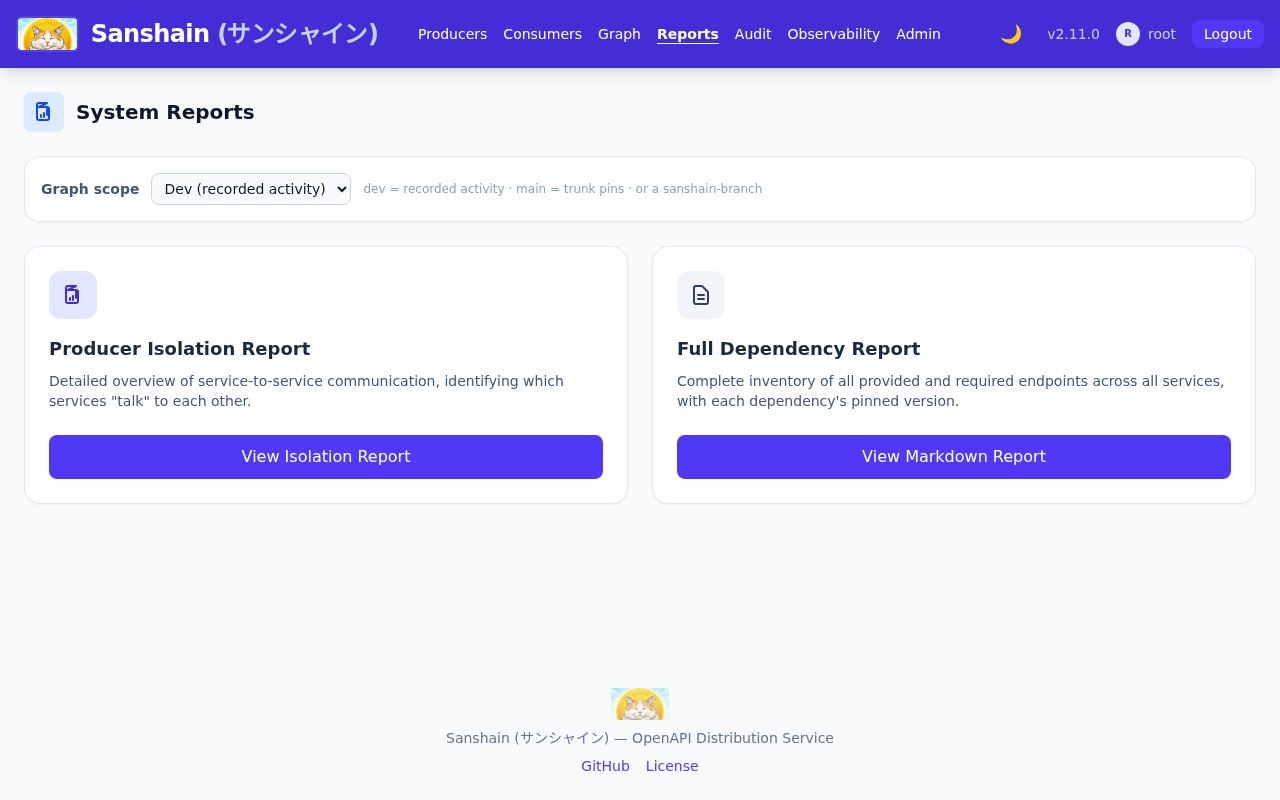 The reports page: the graph scope selector, the Producer isolation report and the full dependency report cards